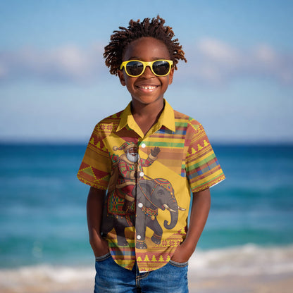 Ghana Christmas Santa African Elephant Kid Hawaiian Shirt Kente Inspired Woven Geometric Blocks
