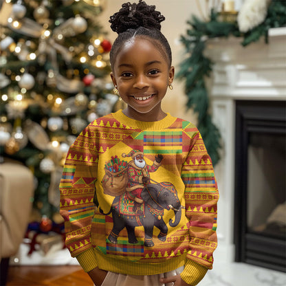 Ghana Christmas Santa African Elephant Kid Ugly Christmas Sweater Kente Inspired Woven Geometric Blocks