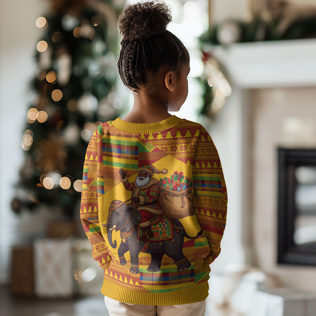 Ghana Christmas Santa African Elephant Kid Ugly Christmas Sweater Kente Inspired Woven Geometric Blocks