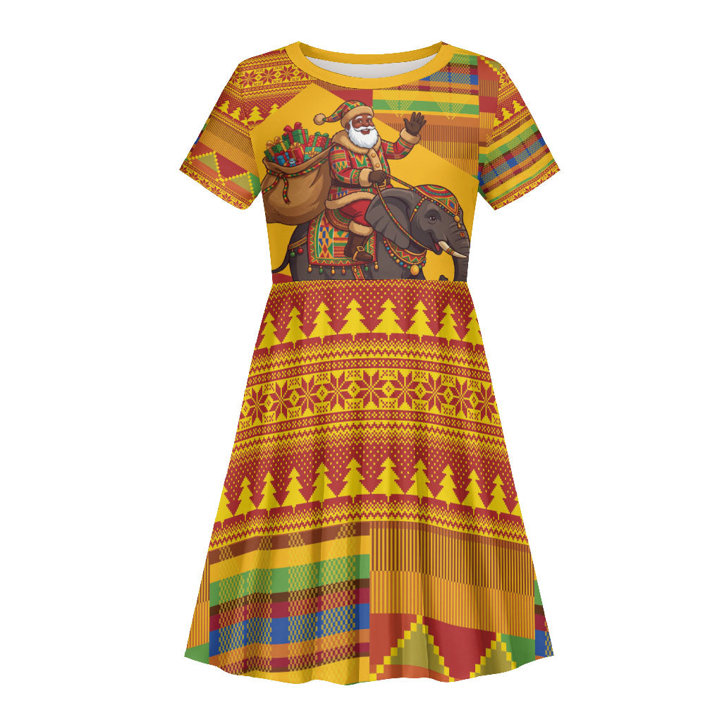 Ghana Christmas Santa African Elephant Kid Short Sleeve Dress Kente Inspired Woven Geometric Blocks