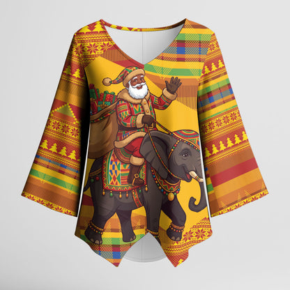 Ghana Christmas Santa African Elephant Kimono Sleeve Blouse Kente Inspired Woven Geometric Blocks