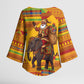 Ghana Christmas Santa African Elephant Kimono Sleeve Blouse Kente Inspired Woven Geometric Blocks