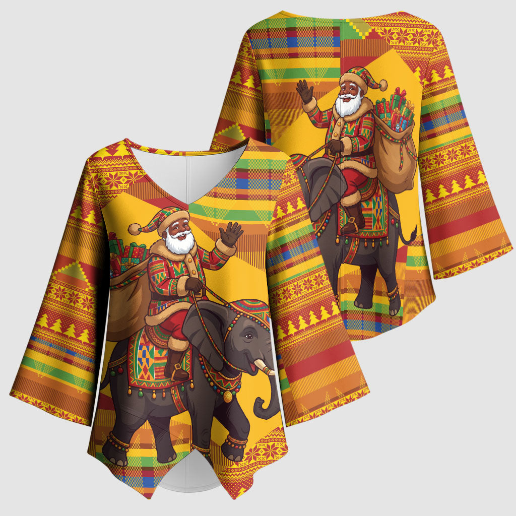 Ghana Christmas Santa African Elephant Kimono Sleeve Blouse Kente Inspired Woven Geometric Blocks