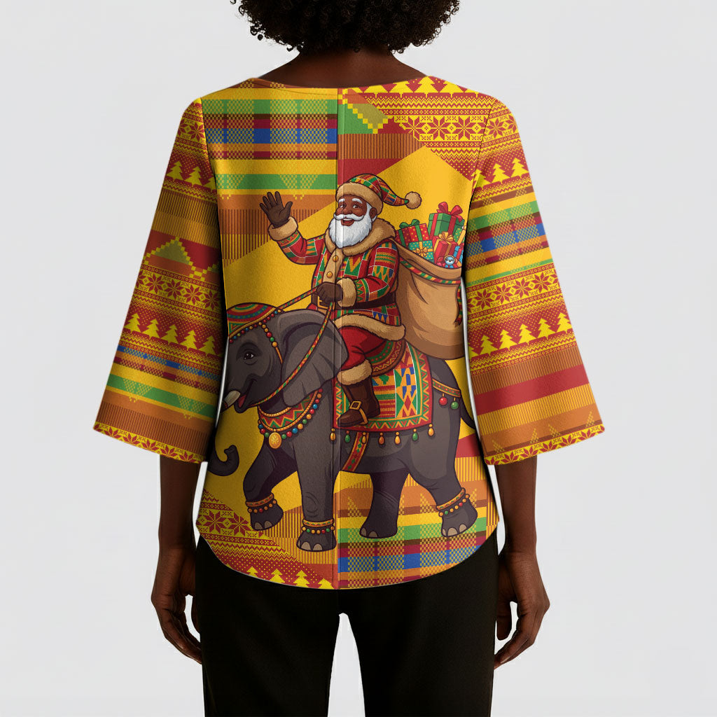 Ghana Christmas Santa African Elephant Kimono Sleeve Blouse Kente Inspired Woven Geometric Blocks