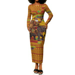 Ghana Christmas Santa African Elephant Long Sleeve Bodycon Dress Kente Inspired Woven Geometric Blocks