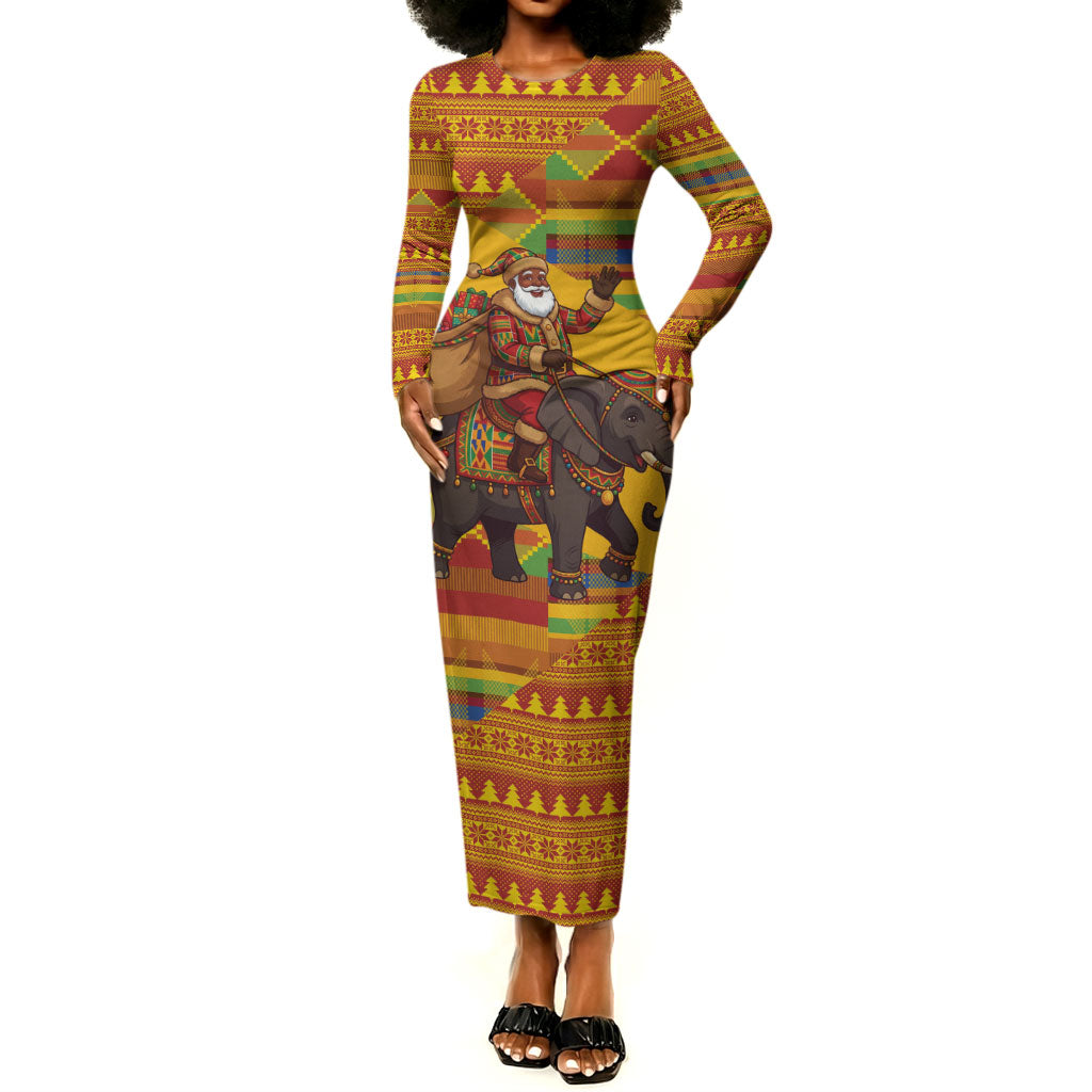 Ghana Christmas Santa African Elephant Long Sleeve Bodycon Dress Kente Inspired Woven Geometric Blocks