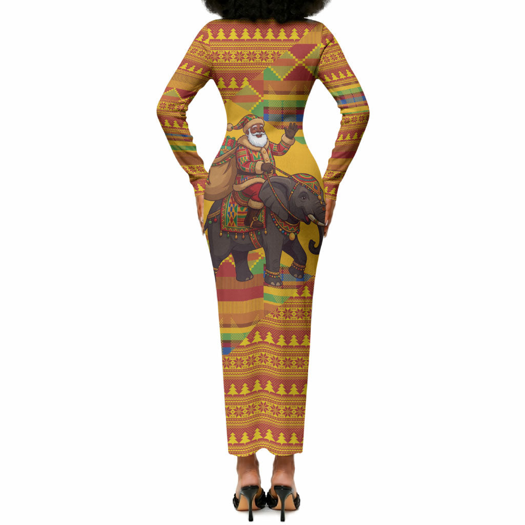 Ghana Christmas Santa African Elephant Long Sleeve Bodycon Dress Kente Inspired Woven Geometric Blocks