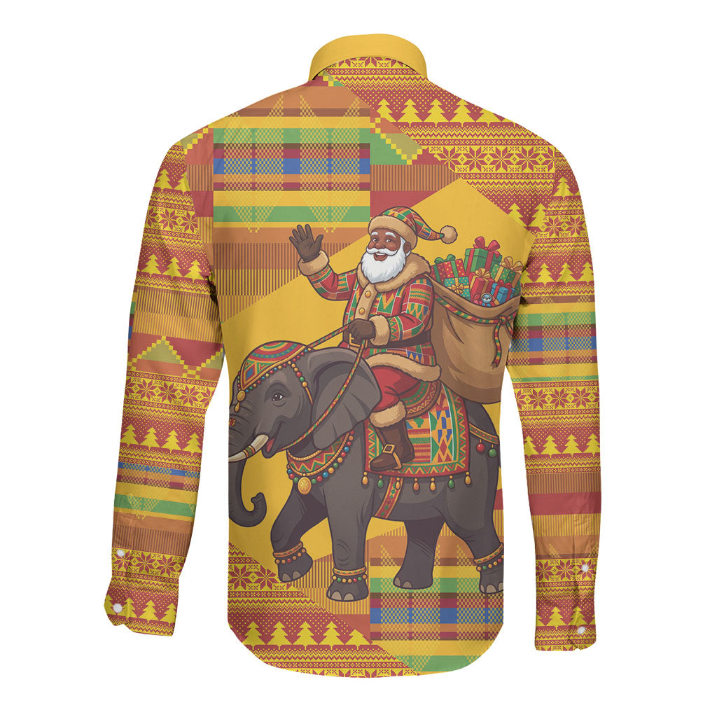 Ghana Christmas Santa African Elephant Long Sleeve Button Shirt Kente Inspired Woven Geometric Blocks