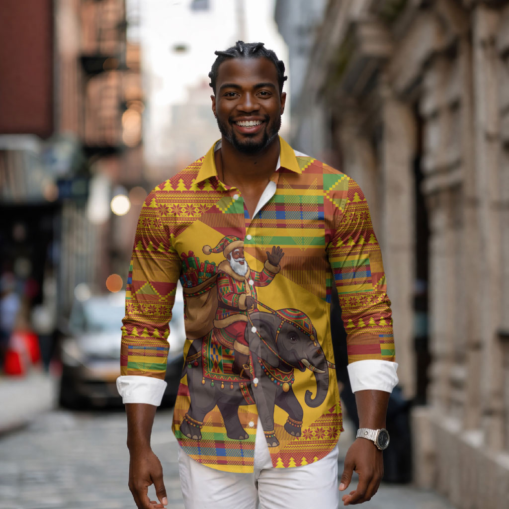 Ghana Christmas Santa African Elephant Long Sleeve Button Shirt Kente Inspired Woven Geometric Blocks