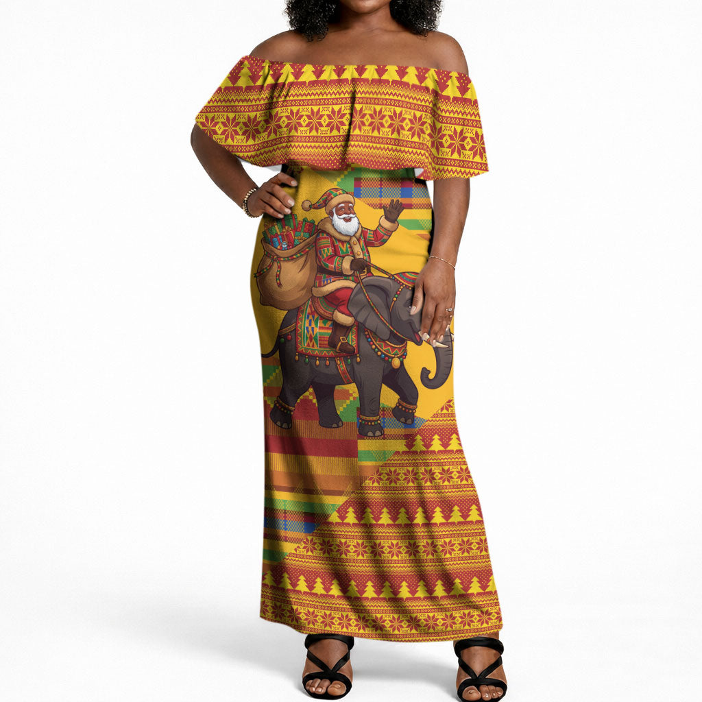 Ghana Christmas Santa African Elephant Off Shoulder Maxi Dress Kente Inspired Woven Geometric Blocks