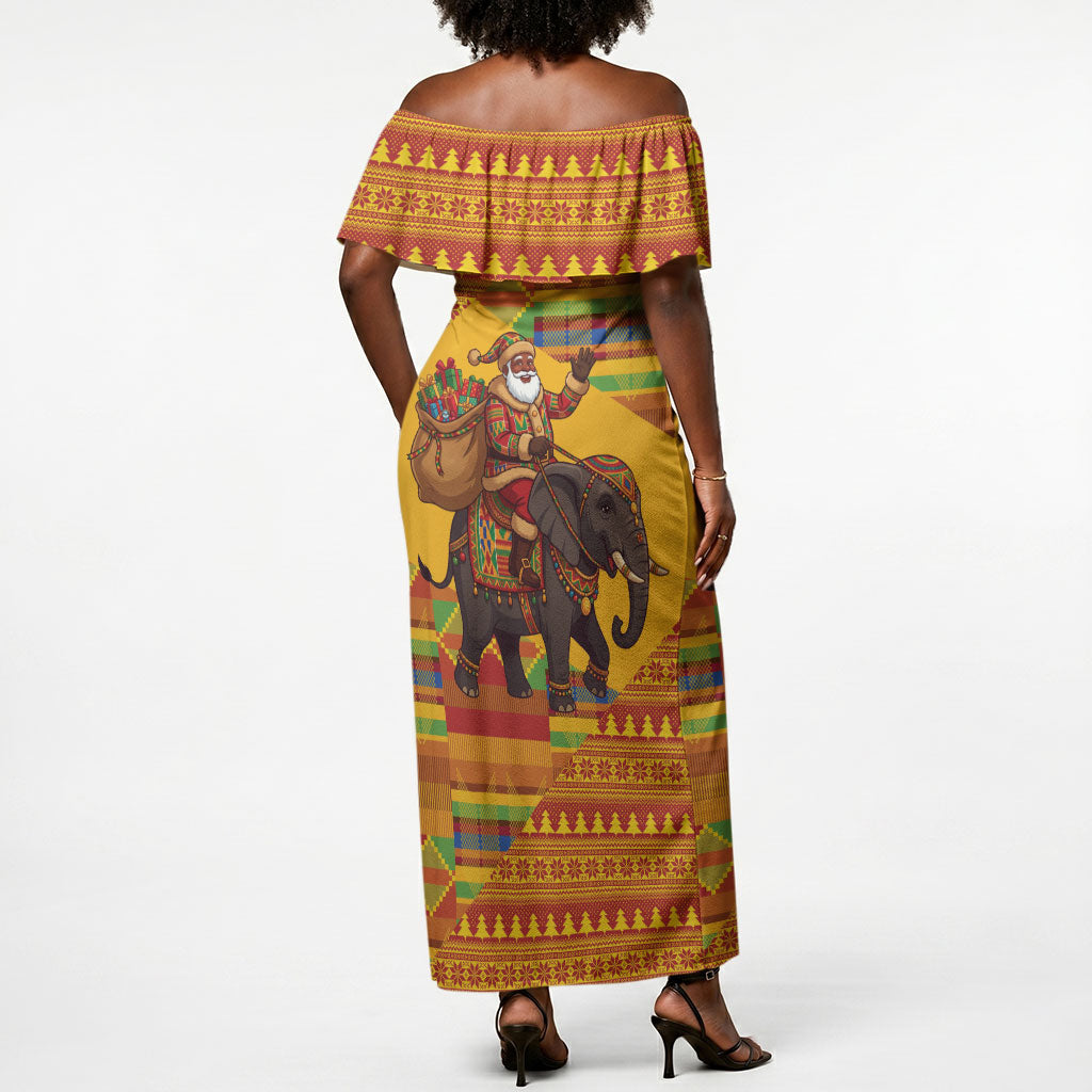 Ghana Christmas Santa African Elephant Off Shoulder Maxi Dress Kente Inspired Woven Geometric Blocks