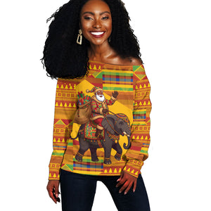 Ghana Christmas Santa African Elephant Off Shoulder Sweater Kente Inspired Woven Geometric Blocks