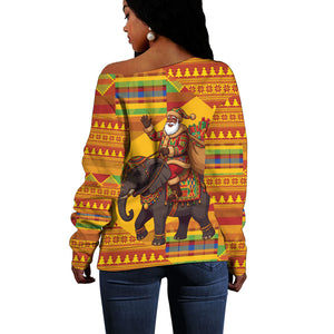 Ghana Christmas Santa African Elephant Off Shoulder Sweater Kente Inspired Woven Geometric Blocks
