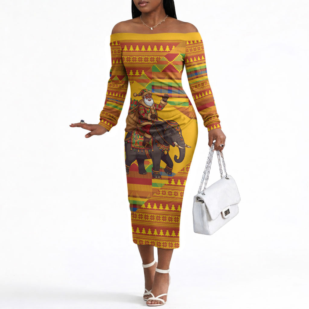 Ghana Christmas Santa African Elephant Off The Shoulder Long Sleeve Dress Kente Inspired Woven Geometric Blocks