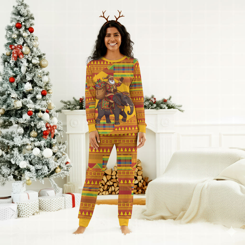 Ghana Christmas Santa African Elephant Christmas Pajama Set Kente Inspired Woven Geometric Blocks