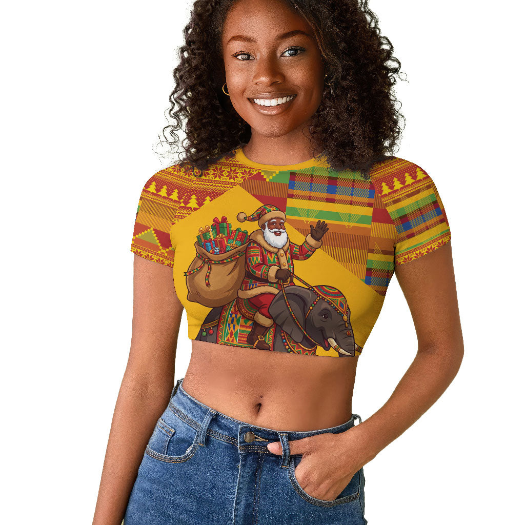 Ghana Christmas Santa African Elephant Raglan Cropped T shirt Kente Inspired Woven Geometric Blocks