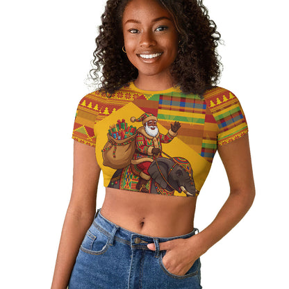 Ghana Christmas Santa African Elephant Raglan Cropped T shirt Kente Inspired Woven Geometric Blocks