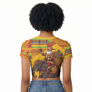 Ghana Christmas Santa African Elephant Raglan Cropped T shirt Kente Inspired Woven Geometric Blocks
