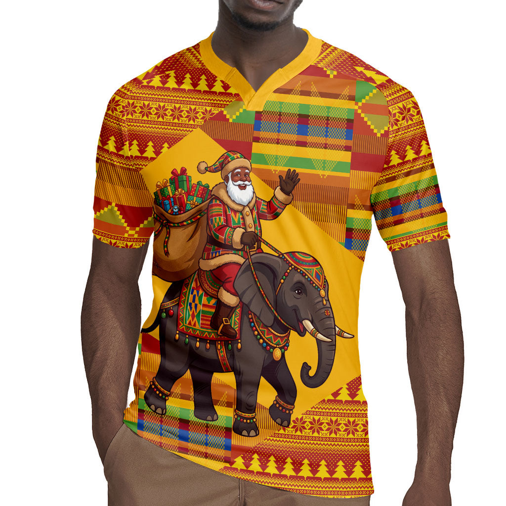 Ghana Christmas Santa African Elephant Rugby Jersey Kente Inspired Woven Geometric Blocks