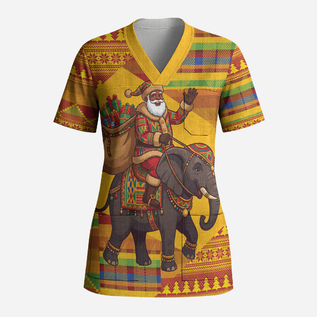 Ghana Christmas Santa African Elephant Scrub Top Kente Inspired Woven Geometric Blocks