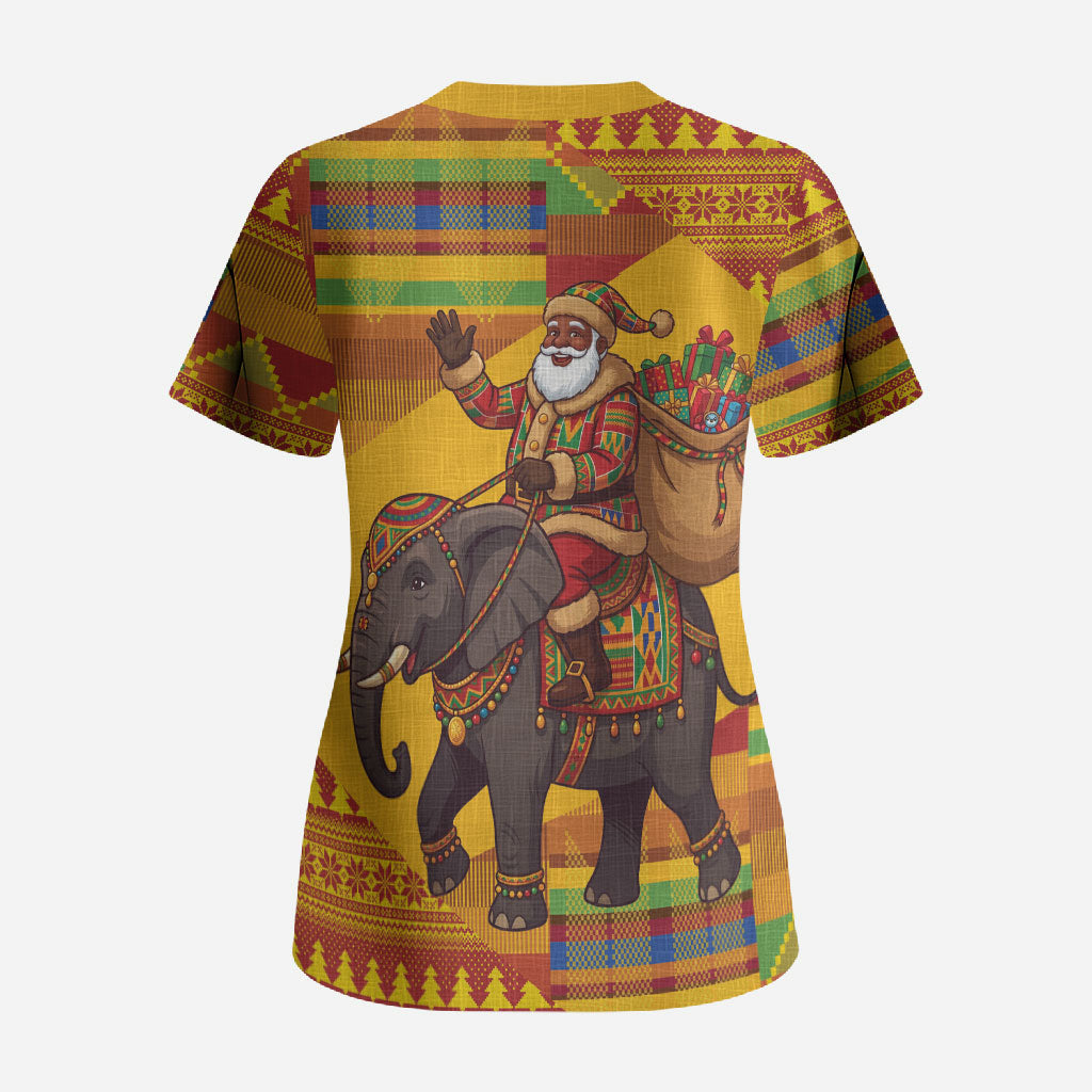 Ghana Christmas Santa African Elephant Scrub Top Kente Inspired Woven Geometric Blocks