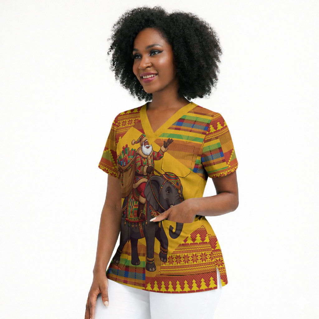 Ghana Christmas Santa African Elephant Scrub Top Kente Inspired Woven Geometric Blocks