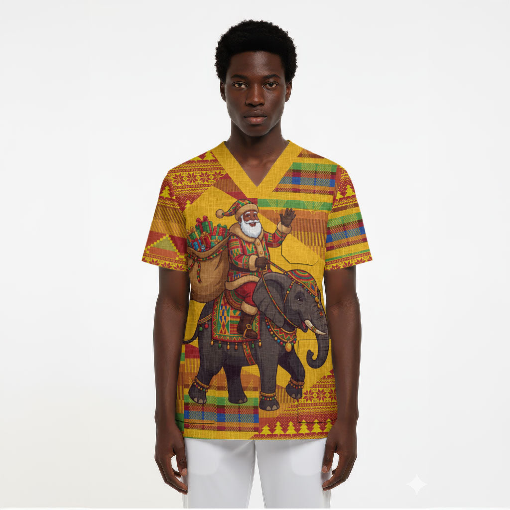 Ghana Christmas Santa African Elephant Scrub Top Kente Inspired Woven Geometric Blocks