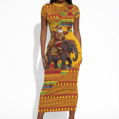 Ghana Christmas Santa African Elephant Short Sleeve Bodycon Dress Kente Inspired Woven Geometric Blocks