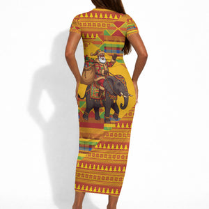 Ghana Christmas Santa African Elephant Short Sleeve Bodycon Dress Kente Inspired Woven Geometric Blocks