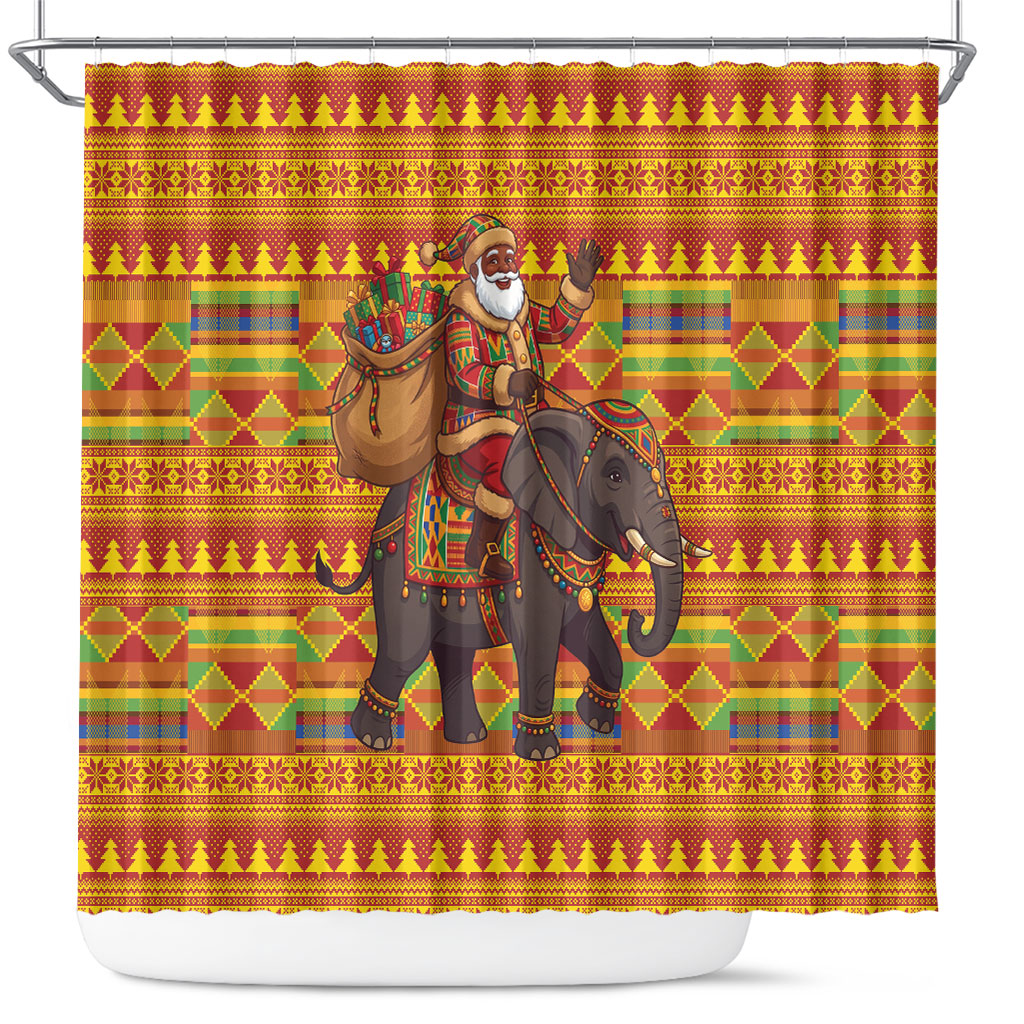 Ghana Christmas Santa African Elephant Shower Curtain Kente Inspired Woven Geometric Blocks
