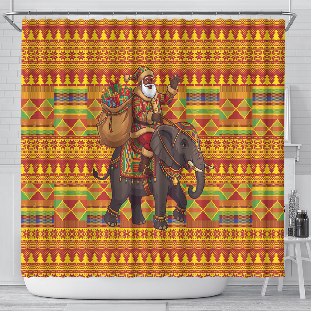 Ghana Christmas Santa African Elephant Shower Curtain Kente Inspired Woven Geometric Blocks