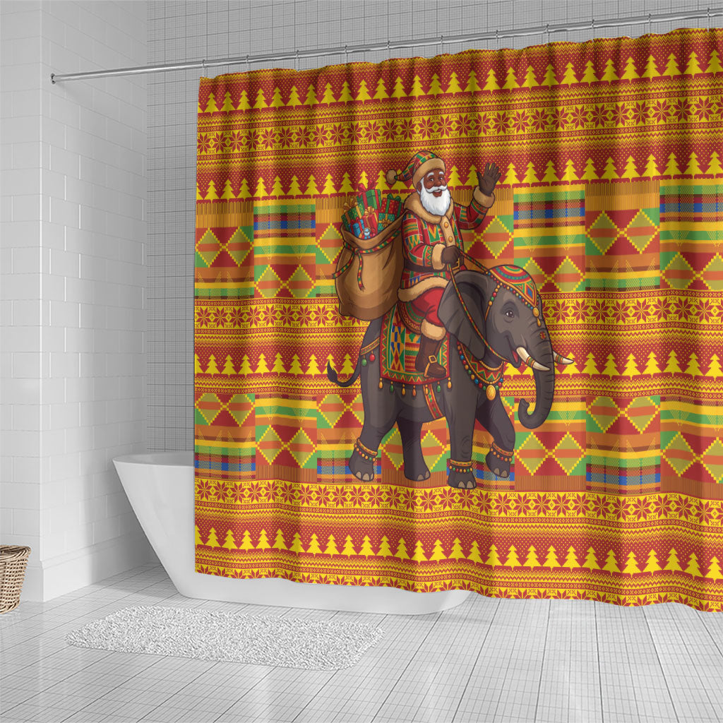 Ghana Christmas Santa African Elephant Shower Curtain Kente Inspired Woven Geometric Blocks