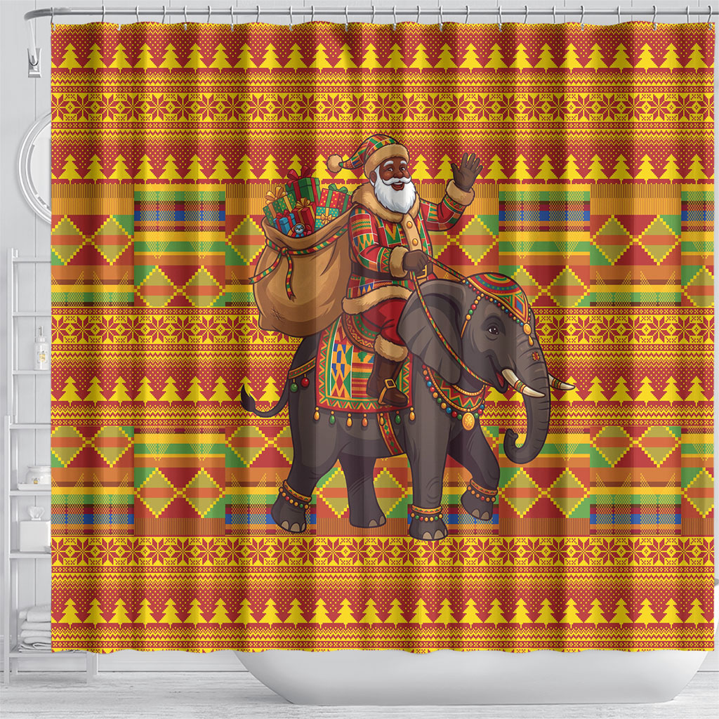 Ghana Christmas Santa African Elephant Shower Curtain Kente Inspired Woven Geometric Blocks