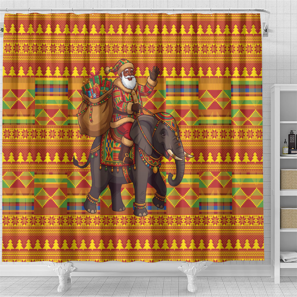 Ghana Christmas Santa African Elephant Shower Curtain Kente Inspired Woven Geometric Blocks