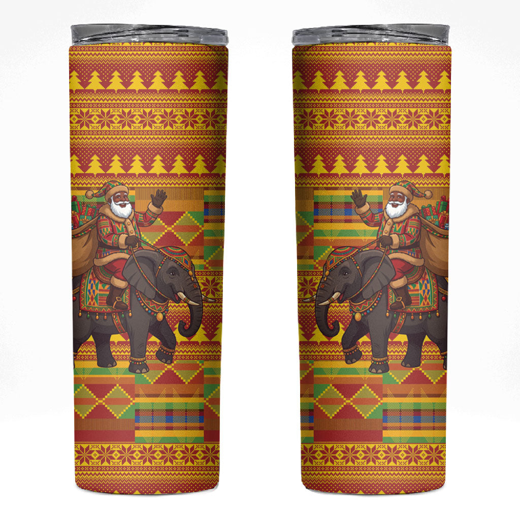 Ghana Christmas Santa African Elephant Skinny Tumbler Kente Inspired Woven Geometric Blocks
