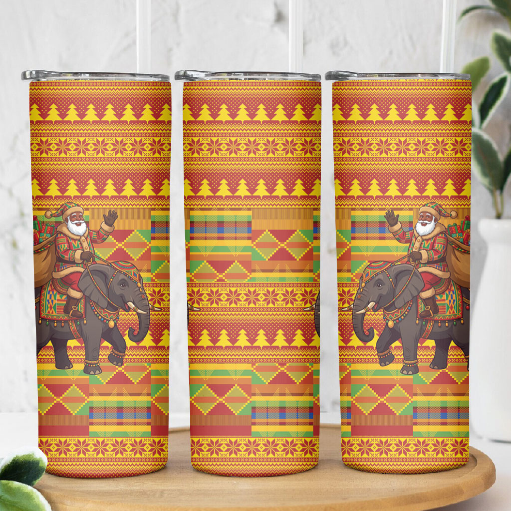 Ghana Christmas Santa African Elephant Skinny Tumbler Kente Inspired Woven Geometric Blocks