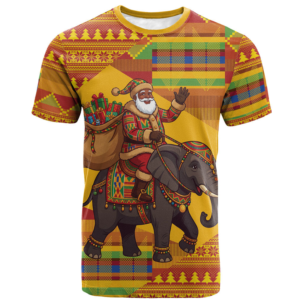 Ghana Christmas Santa African Elephant T shirt Kente Inspired Woven Geometric Blocks