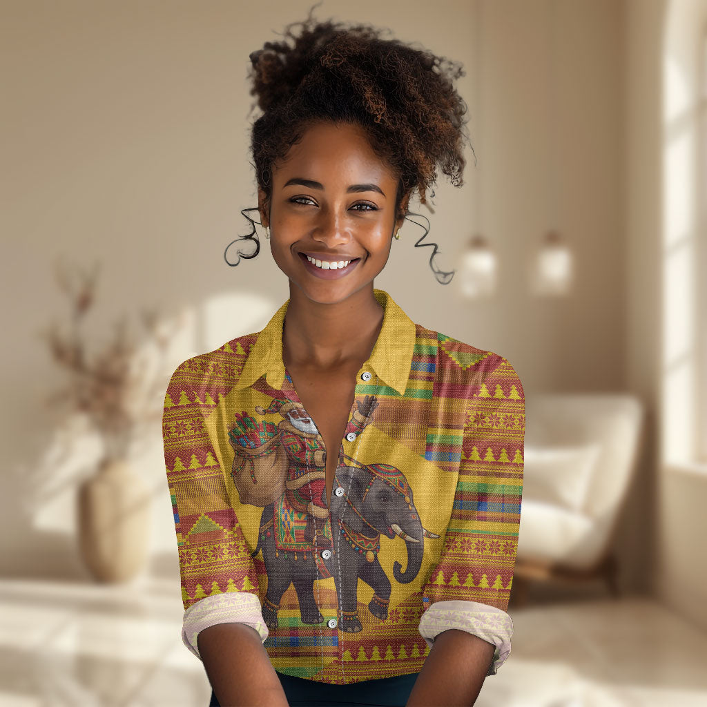 Ghana Christmas Santa African Elephant Women Casual Shirt Kente Inspired Woven Geometric Blocks