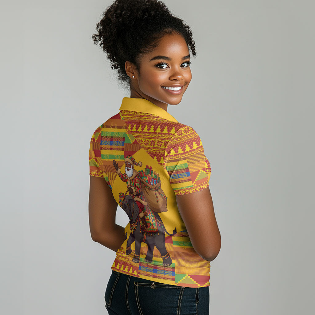 Ghana Christmas Santa African Elephant Women Polo Shirt Kente Inspired Woven Geometric Blocks