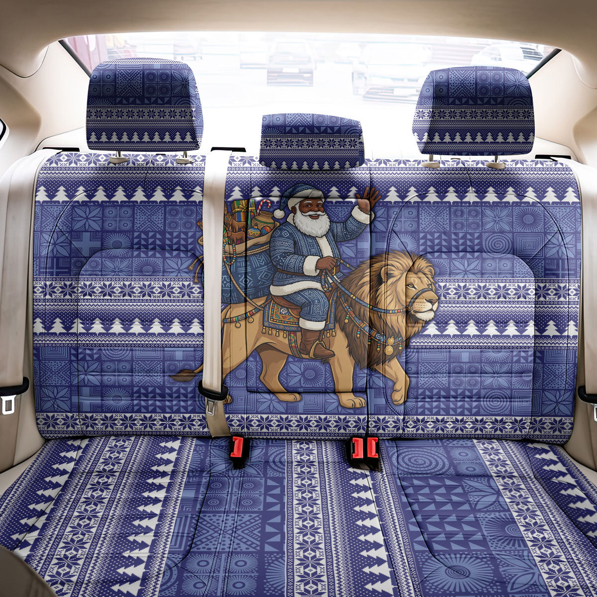 Nigeria Christmas Santa West African Lion Back Car Seat Cover Adire Indigo Resist Dye Motifs
