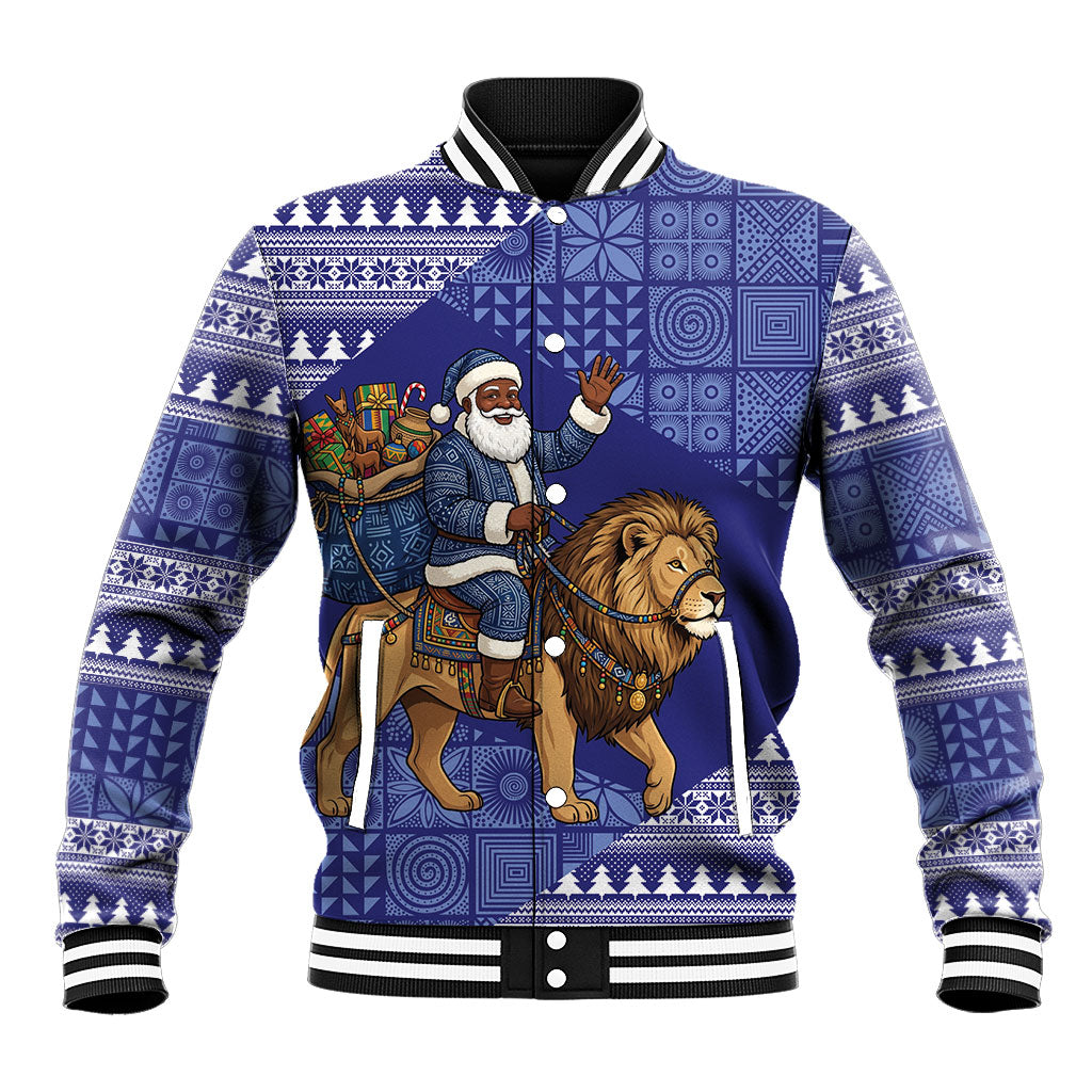 Nigeria Christmas Santa West African Lion Baseball Jacket Adire Indigo Resist Dye Motifs