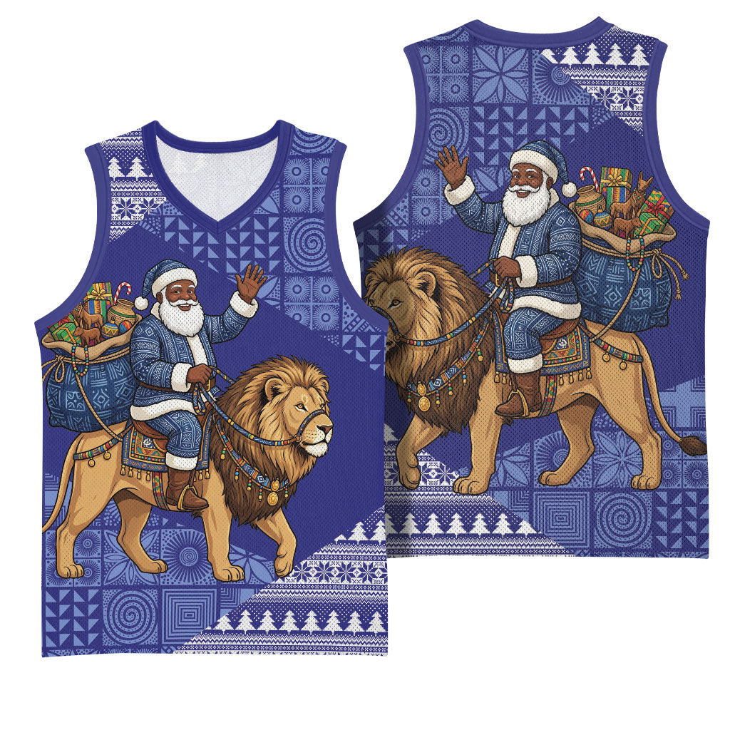 Nigeria Christmas Santa West African Lion Basketball Jersey Adire Indigo Resist Dye Motifs