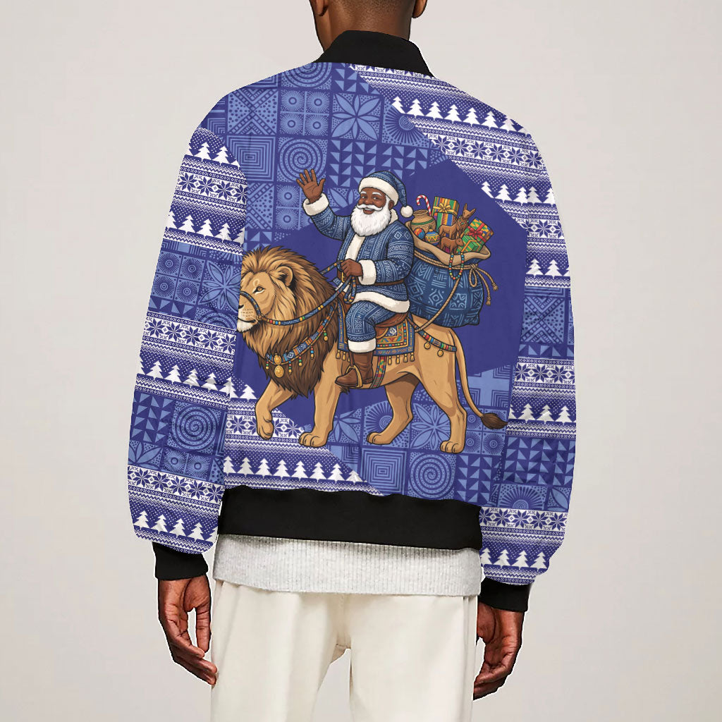 Nigeria Christmas Santa West African Lion Bomber Jacket Adire Indigo Resist Dye Motifs