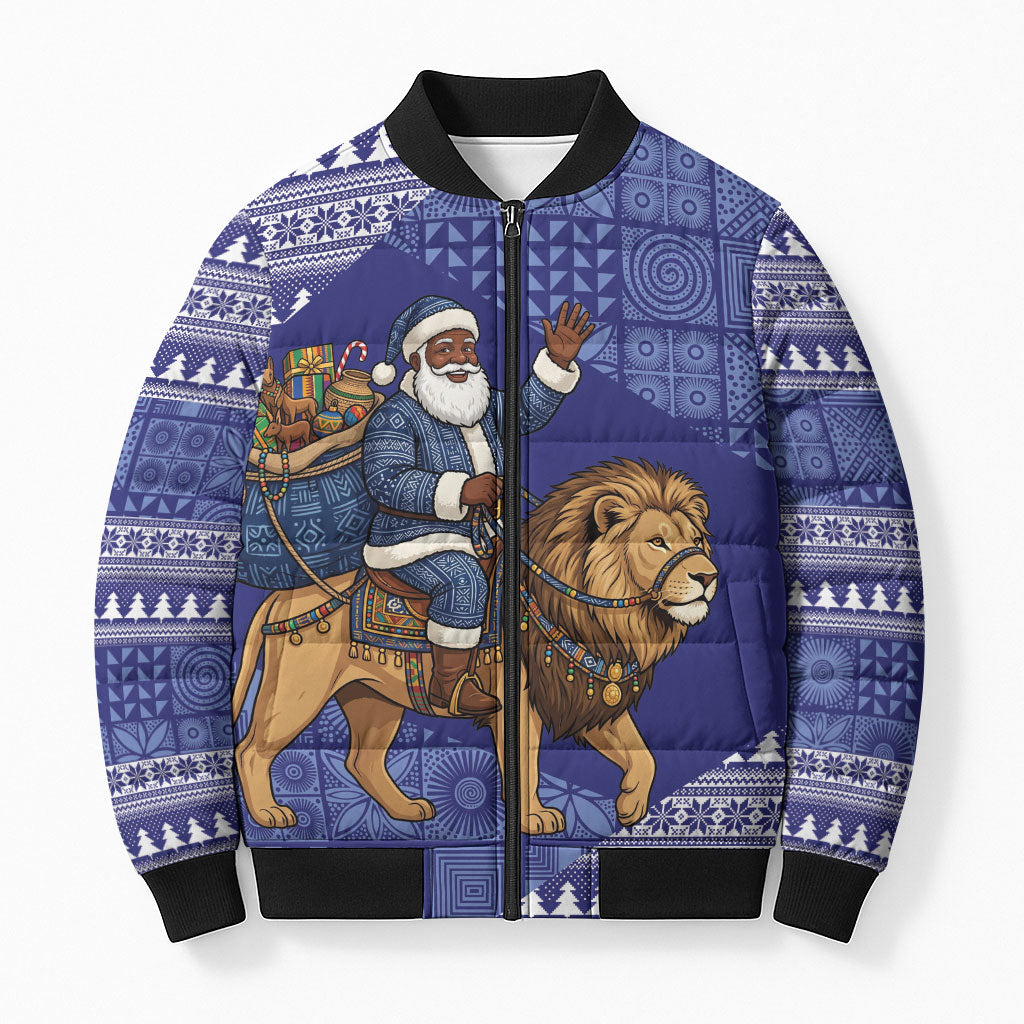 Nigeria Christmas Santa West African Lion Bomber Puffer Jacket Adire Indigo Resist Dye Motifs