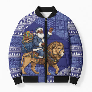 Nigeria Christmas Santa West African Lion Bomber Puffer Jacket Adire Indigo Resist Dye Motifs