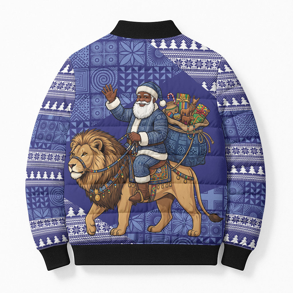 Nigeria Christmas Santa West African Lion Bomber Puffer Jacket Adire Indigo Resist Dye Motifs