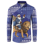 Nigeria Christmas Santa West African Lion Button Sweatshirt Adire Indigo Resist Dye Motifs