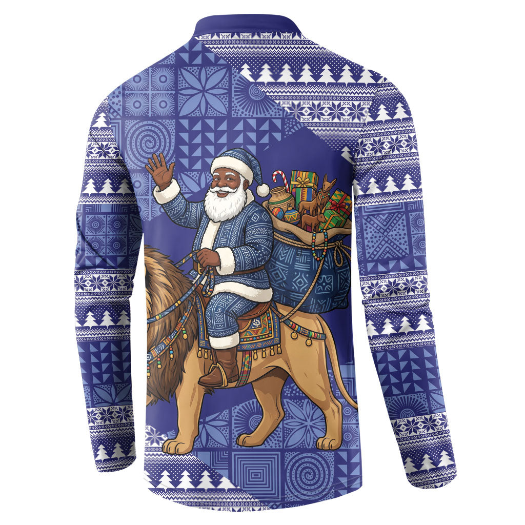 Nigeria Christmas Santa West African Lion Button Sweatshirt Adire Indigo Resist Dye Motifs