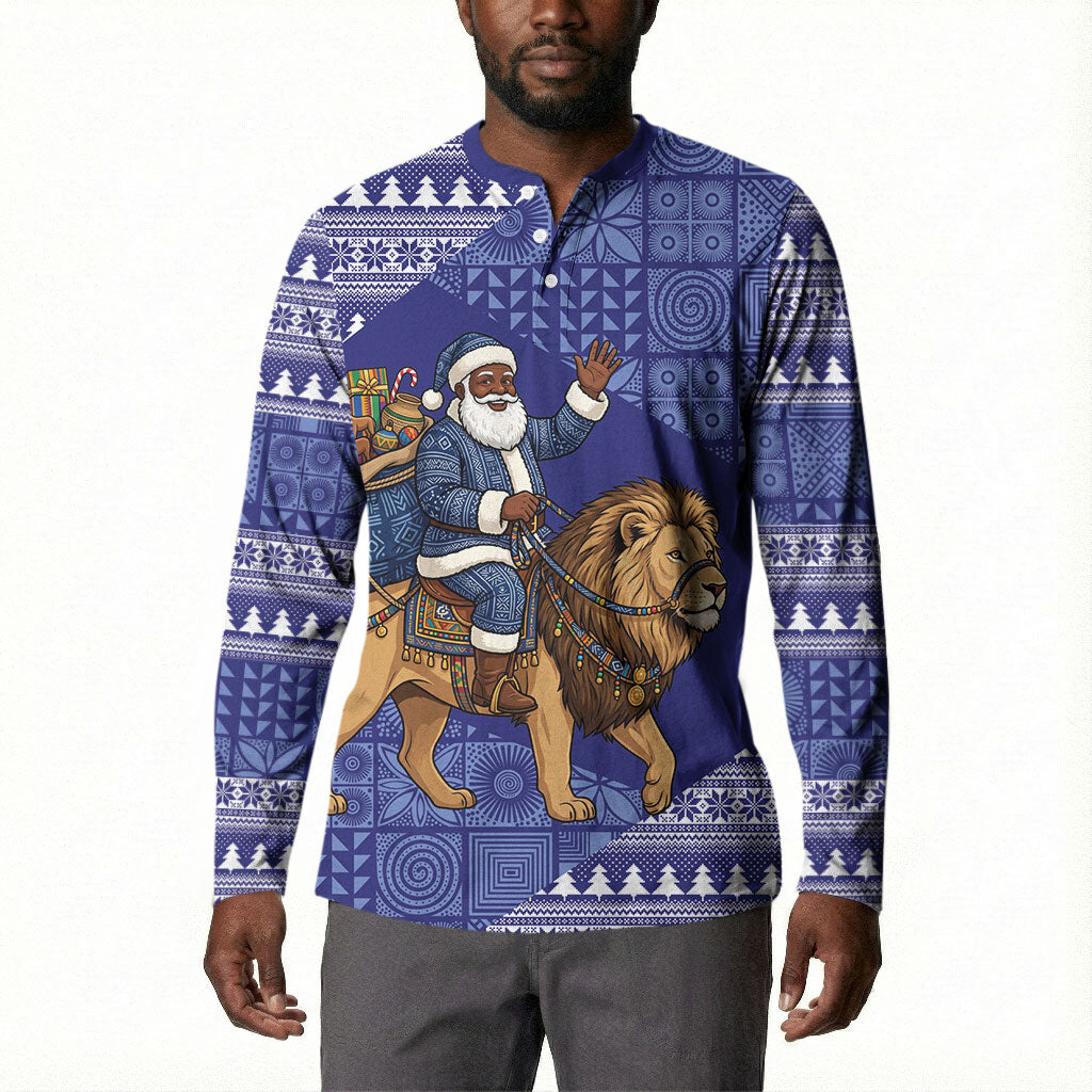 Nigeria Christmas Santa West African Lion Button Sweatshirt Adire Indigo Resist Dye Motifs