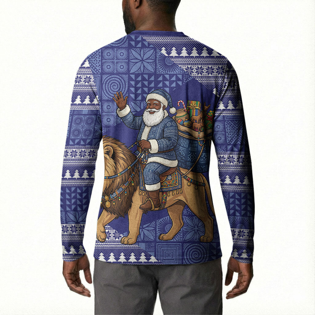 Nigeria Christmas Santa West African Lion Button Sweatshirt Adire Indigo Resist Dye Motifs